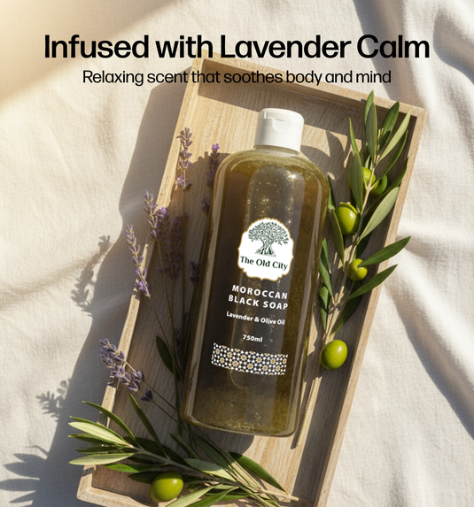 The Old City Moroccan black soap 750ml bottle with a pink kessa exfoliating glove